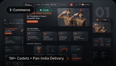 Tejas Uniforms storefront showing NCC uniform categories